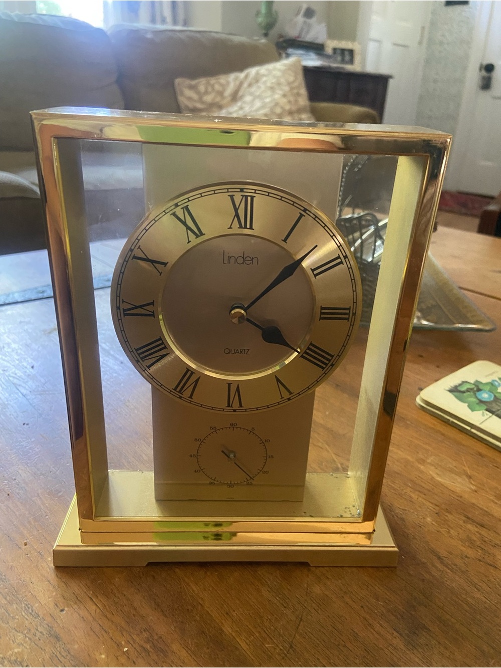 Vintage Linden Gold-Tone Glass-Frame Mantel Clock with Roman Dial
